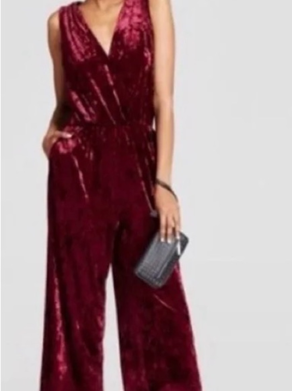 Xhilaration Burgundy Velvet Sleeveless V-Neck Jumpsuit